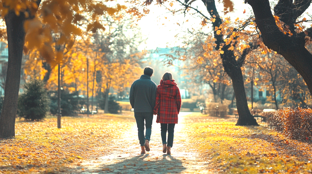 秋色に紅葉した公園を散歩するカップル フリー素材