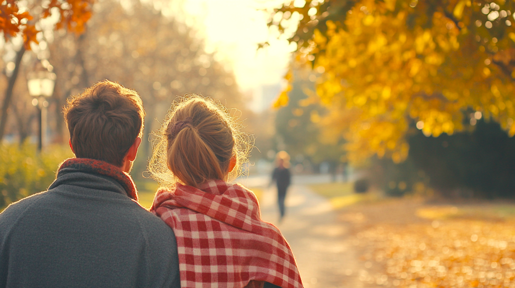 落ち葉を踏みしめて秋空の下で散歩 フリー素材