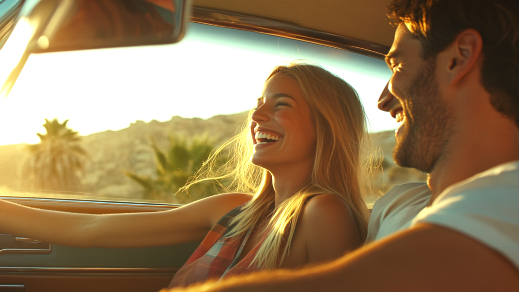 夕日の中を走るドライブデート フリー素材