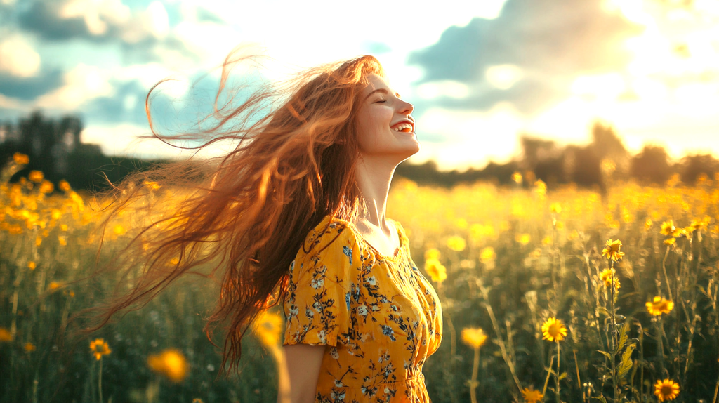 穏やかな光を全身に浴びる女性 フリー素材