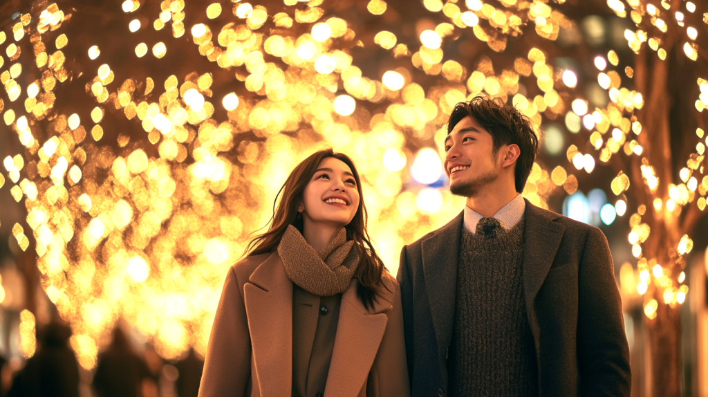 イルミネーションの街を歩く恋人 フリー素材