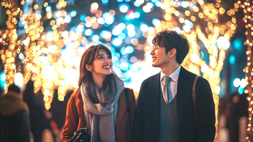 冬の夜、イルミネーションデート フリー素材