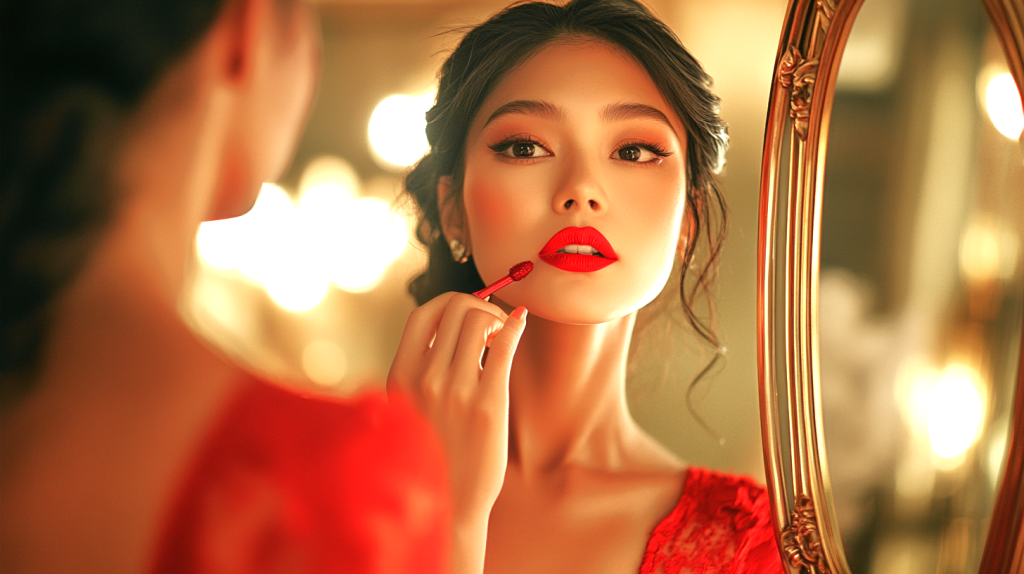 鏡に映る赤いドレススタイル フリー素材