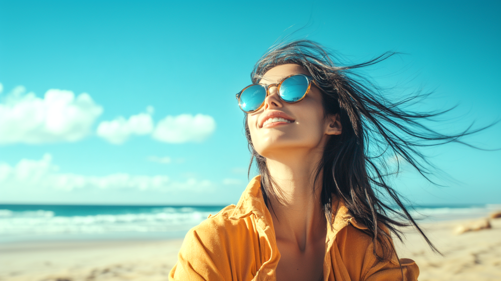 海辺で風を感じる女性 フリー素材