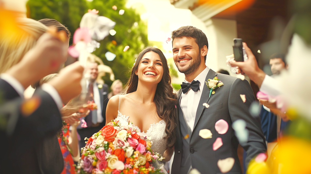 フラワーシャワーで祝う幸せな結婚式 フリー素材