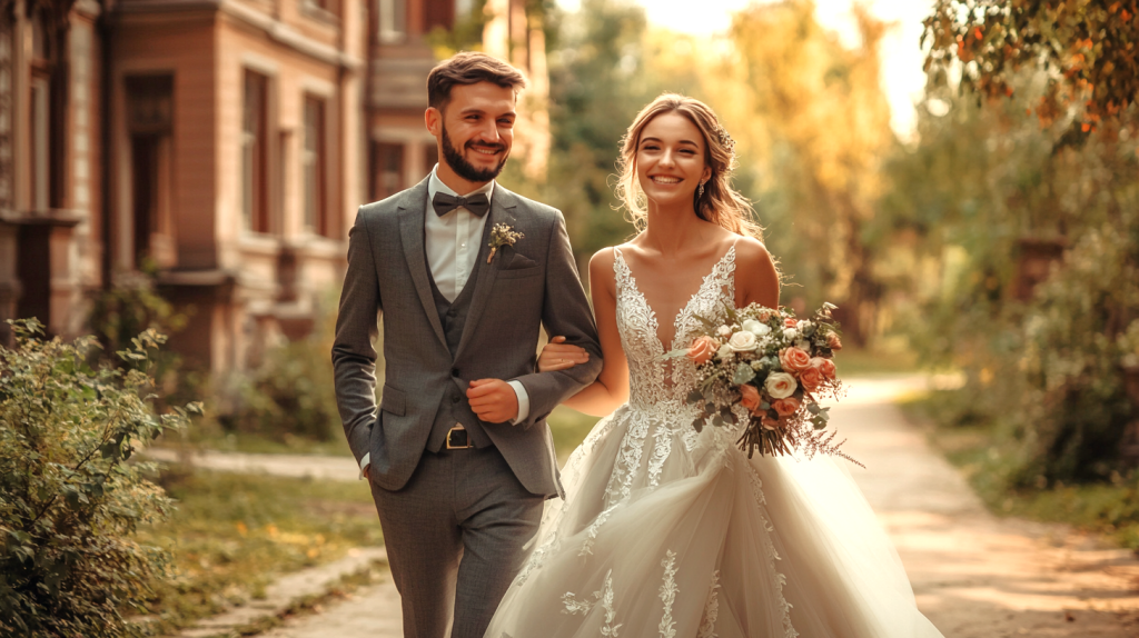 チャペルに向かうこれから結婚式のふたり フリー素材