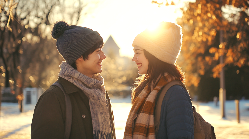 冬の晴れた日、付き合い始めたばかりのふたり フリー素材