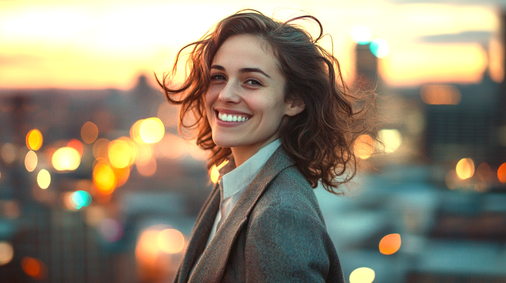 仕事終わりにすがすがしい笑顔の女性 フリー素材