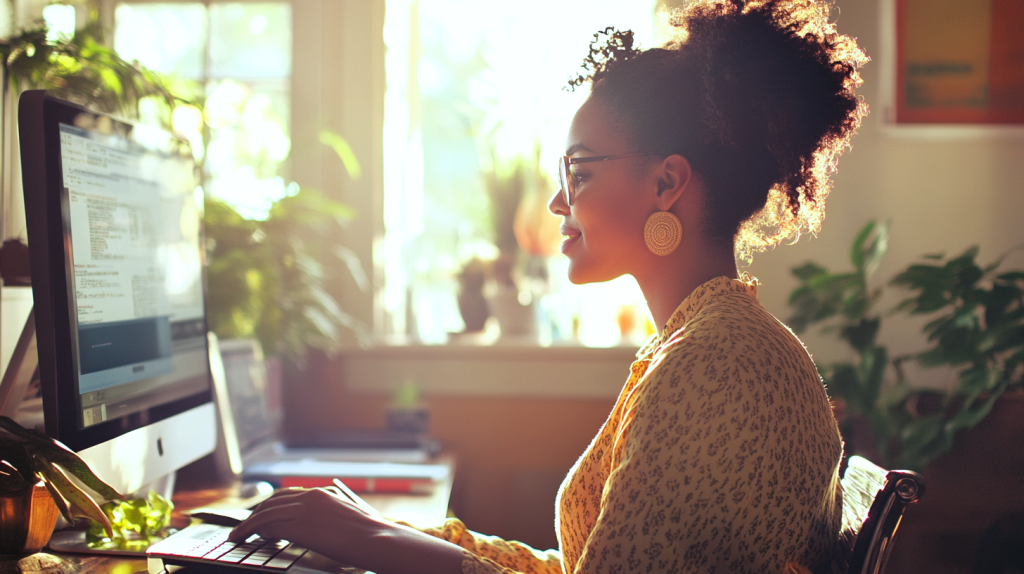 自然光溢れるオフィスで集中する女性 フリー素材