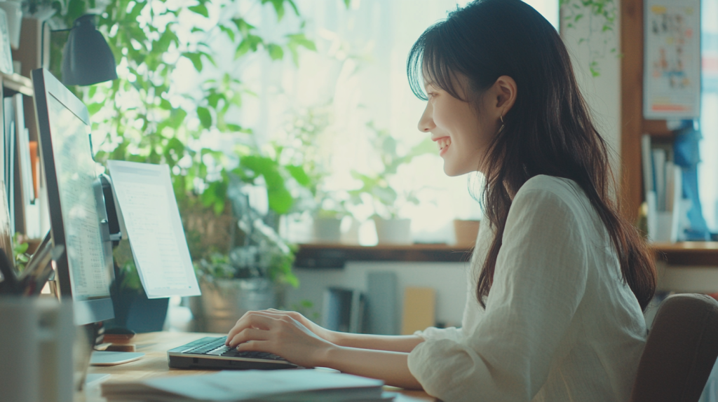 オンラインで打ち合わせ中の女性 フリー素材