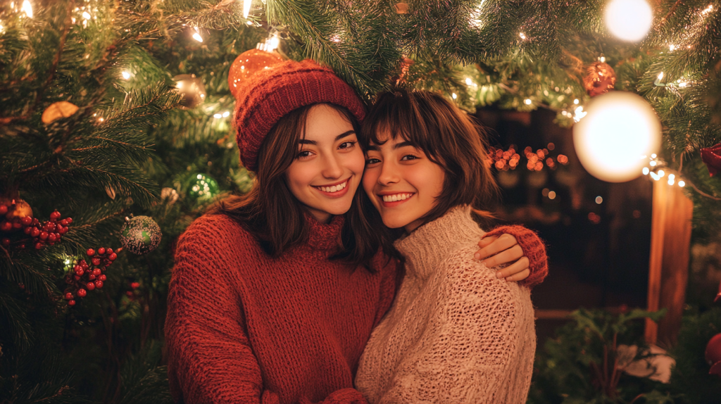 クリスマスツリーの光に照らされる仲良しのふたり フリー素材