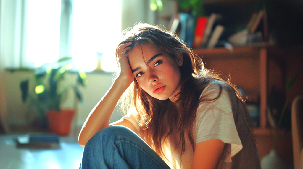 自然光の中で思いにふける女性 フリー素材