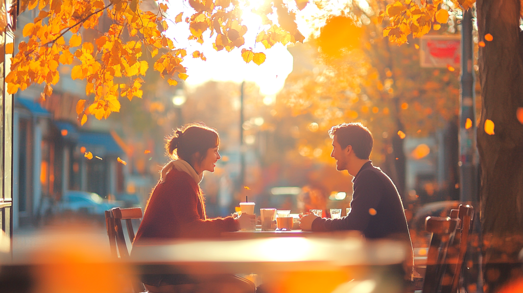 カフェテラスで話しながら見る紅葉 フリー素材