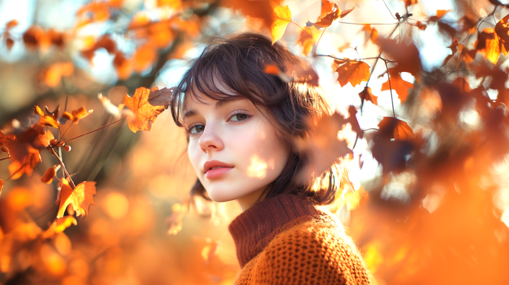 秋の光に包まれて微笑む女性 フリー素材