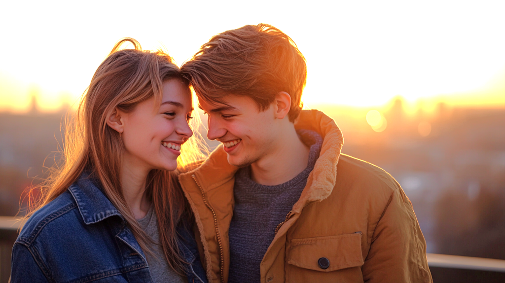 夕日を背景に笑顔で寄り添うカップル フリー素材