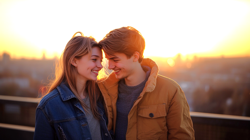 夕日を背景に笑顔で寄り添うカップル フリー素材