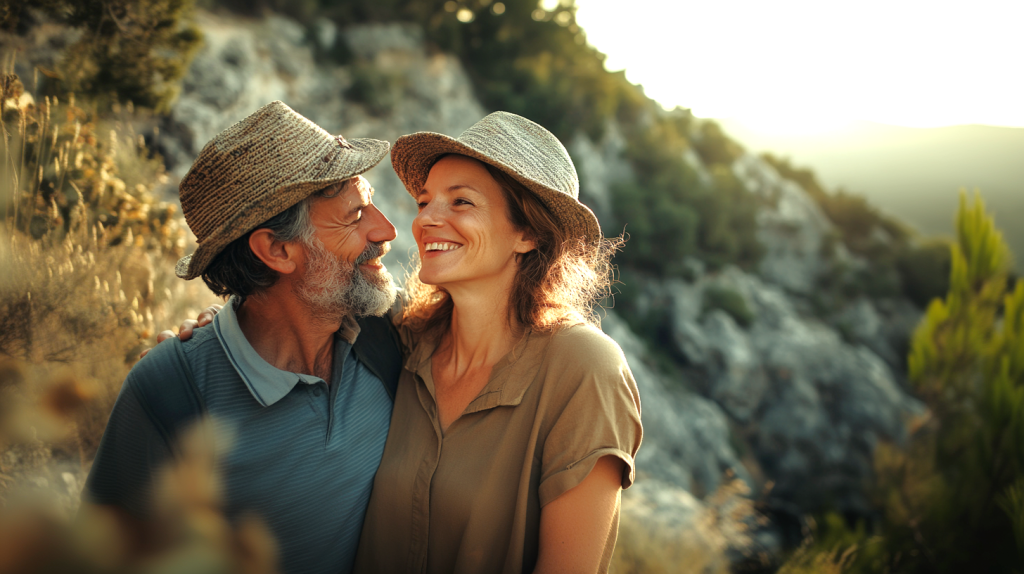 ハイキングを楽しむ幸せなシニアカップル フリー素材