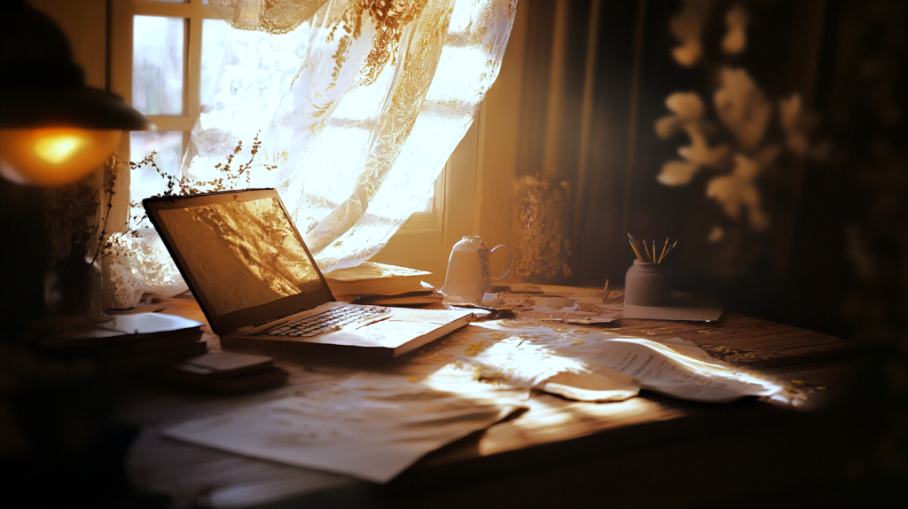 窓辺の静かな作業スペース フリー素材