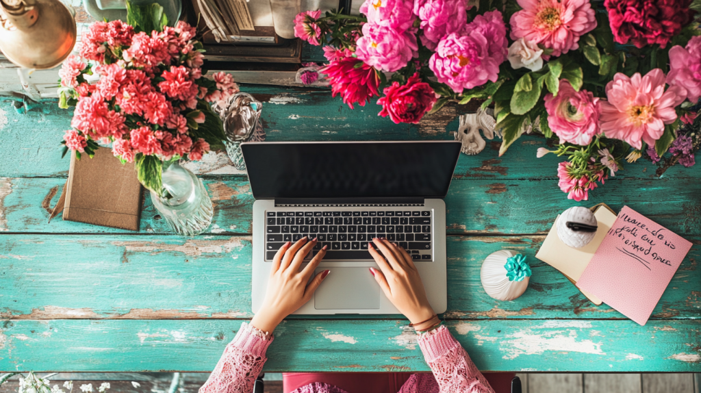 花に囲まれたデスクタイム フリー素材