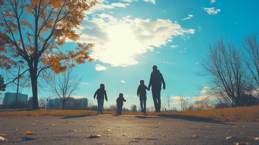 家族で楽しむ気持ちいい秋空の日 フリー素材