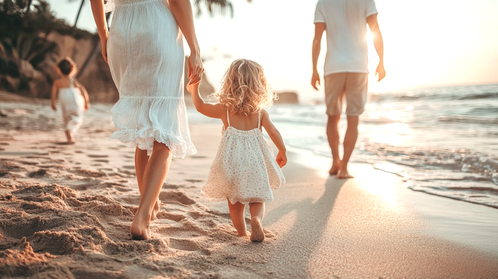 波音を感じながら砂浜を歩く親子 フリー素材