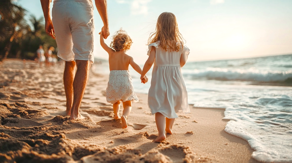 夕日のビーチで手をつなぐ家族 フリー素材