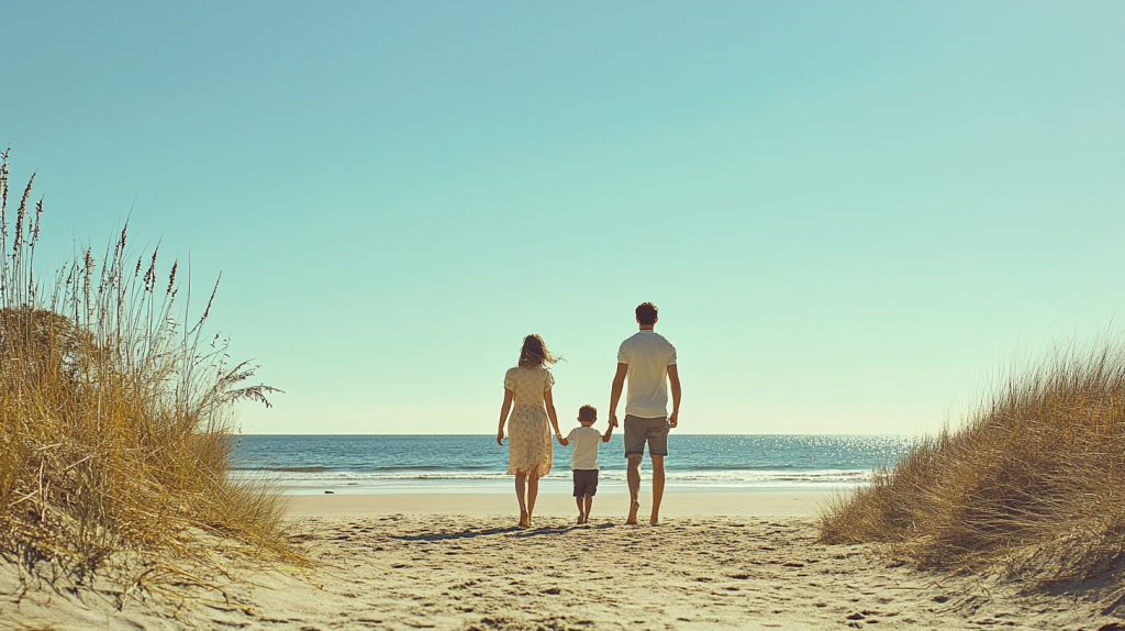 秋の海辺を歩く家族の思い出 フリー素材
