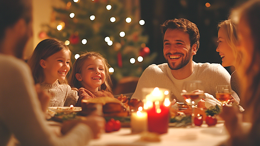 クリスマスディナーを楽しむ家族 フリー素材