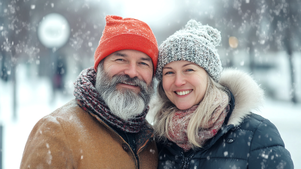 雪の日の心温まるカップル夫婦の笑顔 フリー素材