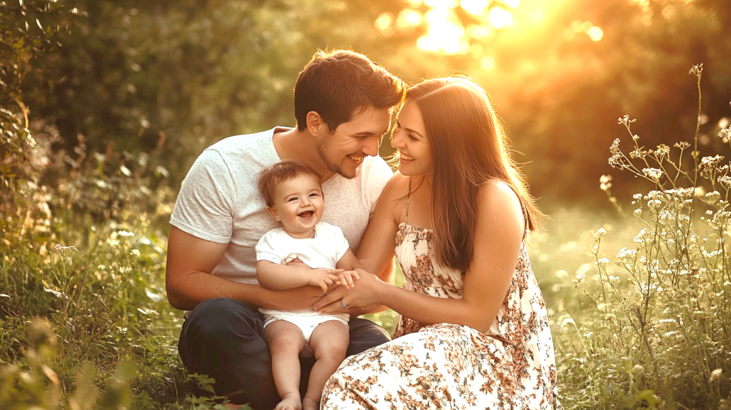 自然の光の中で笑顔溢れる家族 フリー素材