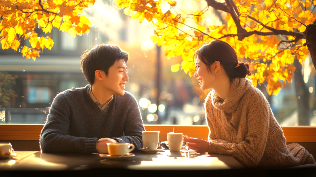 紅葉を背に秋の日差しの中の二人 フリー素材