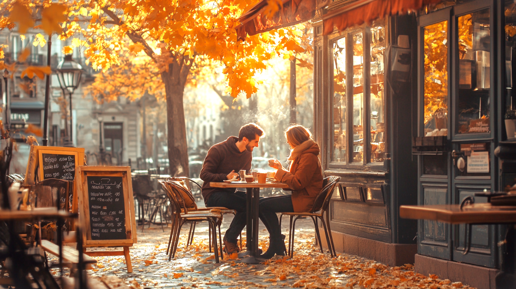 秋色に染まる街で午後のコーヒーブレイク フリー素材