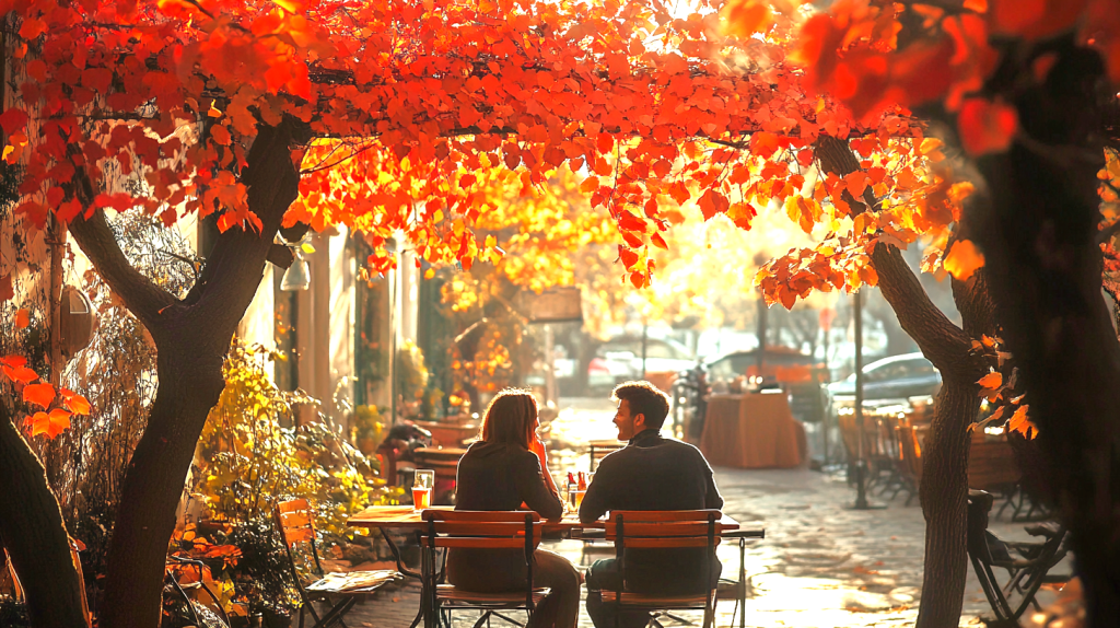 紅葉が彩る静かな秋の街角 フリー素材