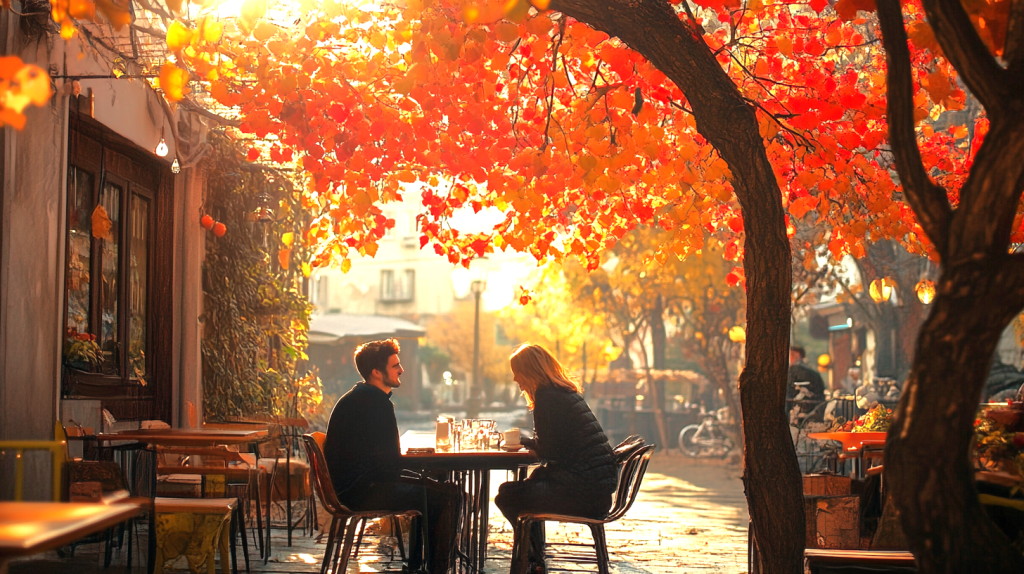 紅葉の下で色とりどりの葉と共に フリー素材