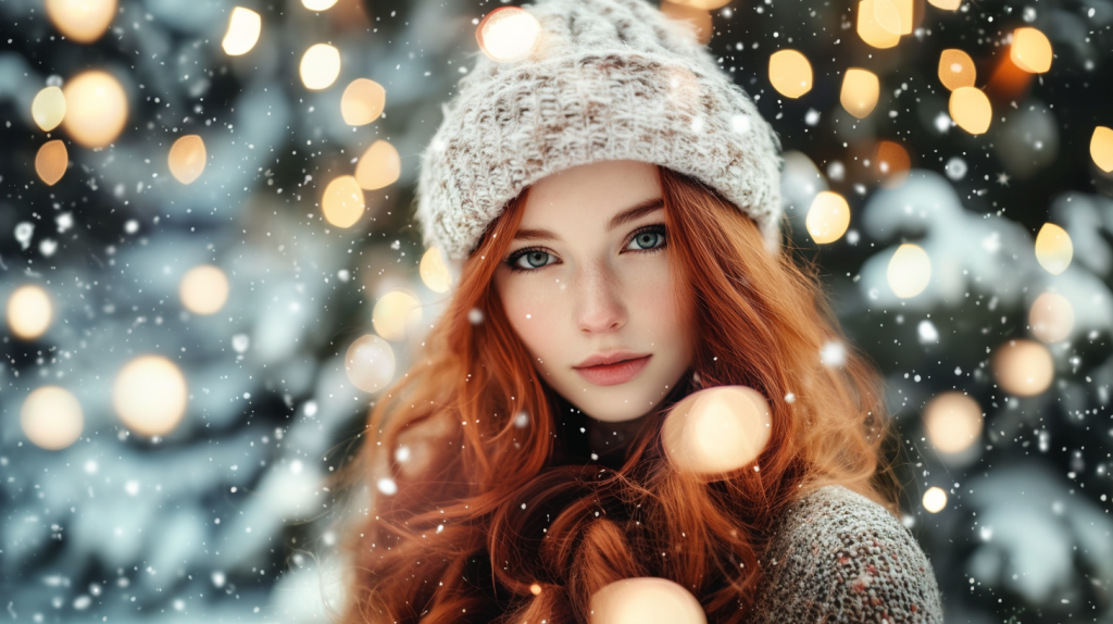 雪の粒と光の中セーターを着た女性 フリー素材