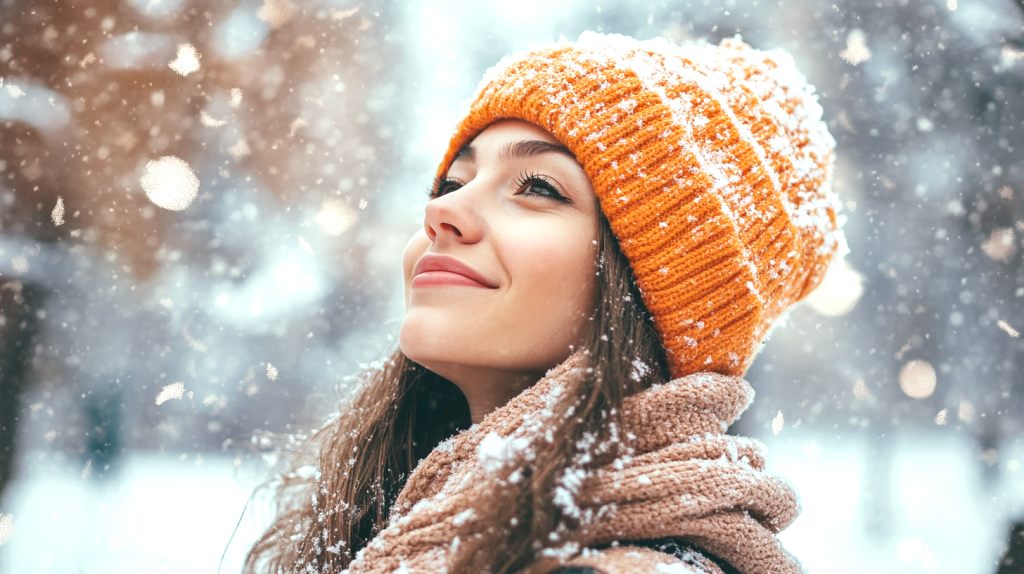 雪が降る空を見上げる女性 フリー素材