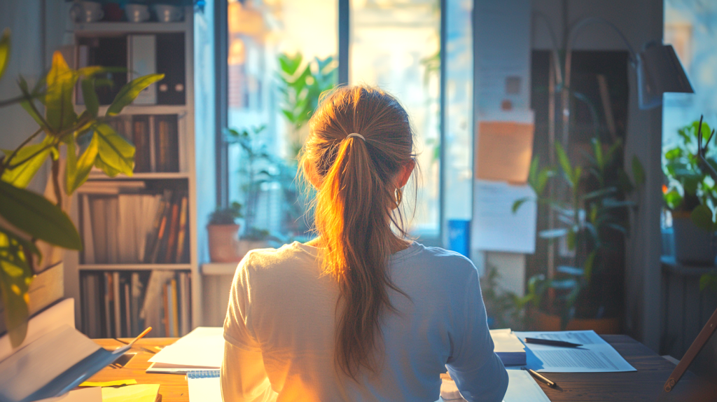 自宅オフィスで書類に囲まれた女性 フリー素材