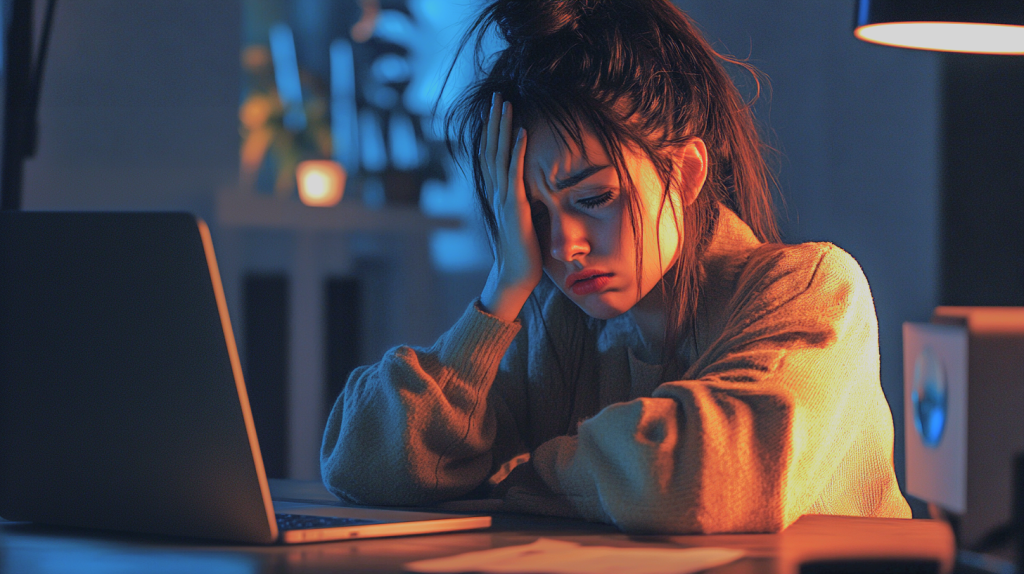 夜通しの作業で頭を抱える女性 フリー素材