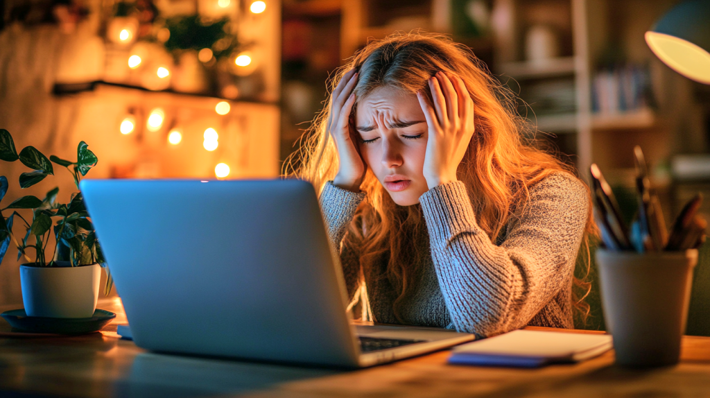 パソコンの前で悩む女性 フリー素材