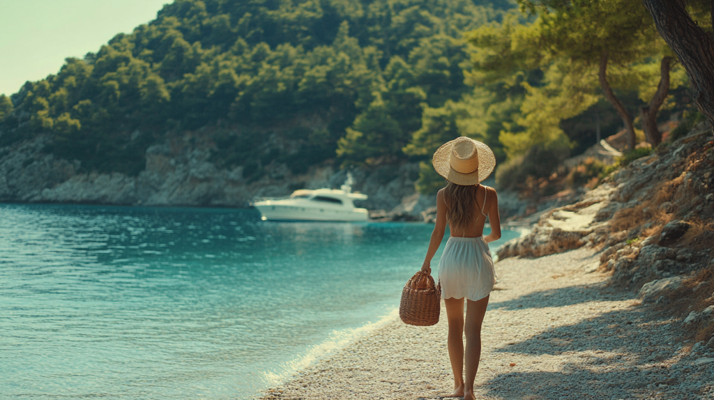 リゾートのプライベートビーチを歩く女性 フリー素材