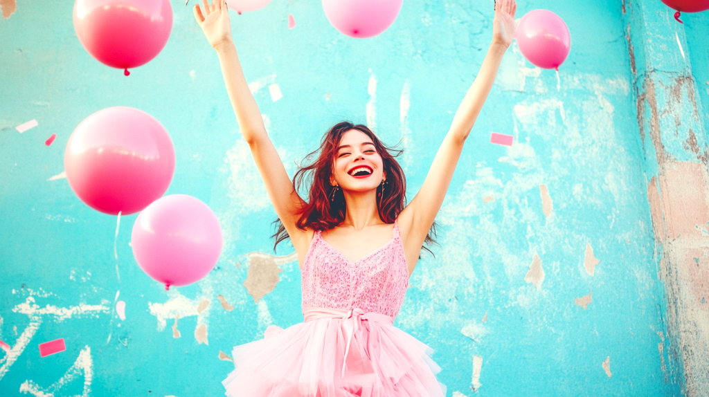 笑顔の女性とカラフルバルーン フリー素材