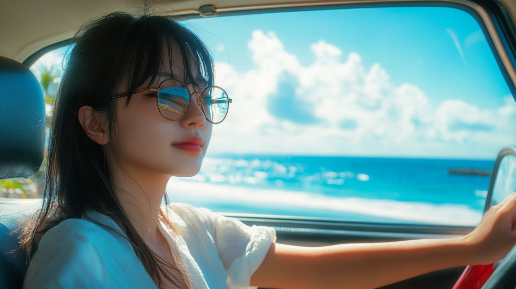 青い海と空を背景に海沿いのドライブを楽しむ女性 フリー素材