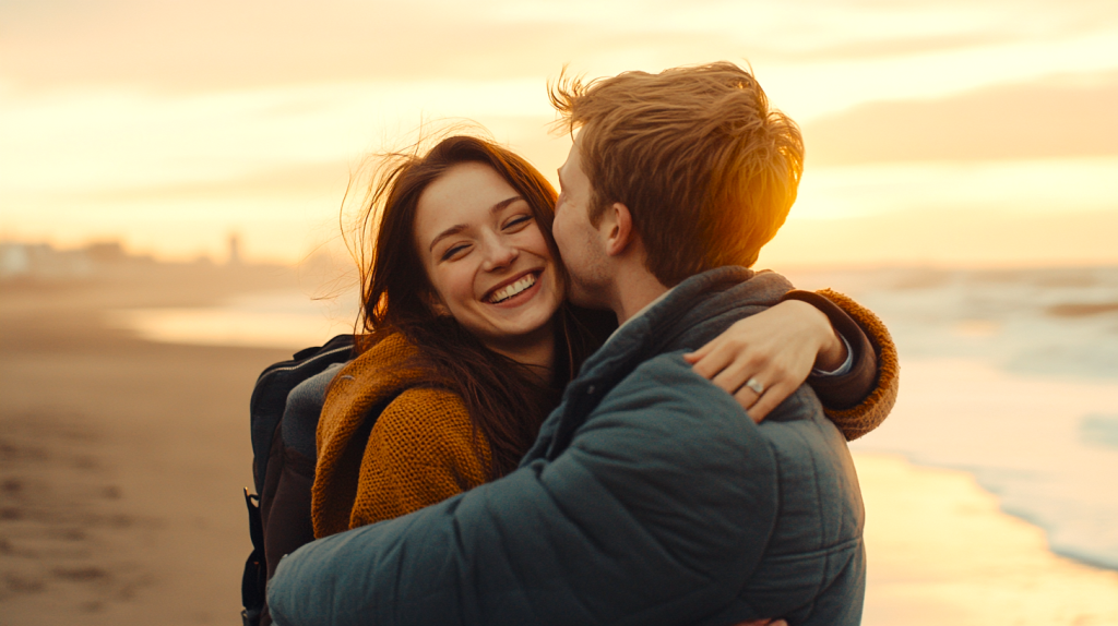 夕暮れのビーチでハグするカップル フリー素材