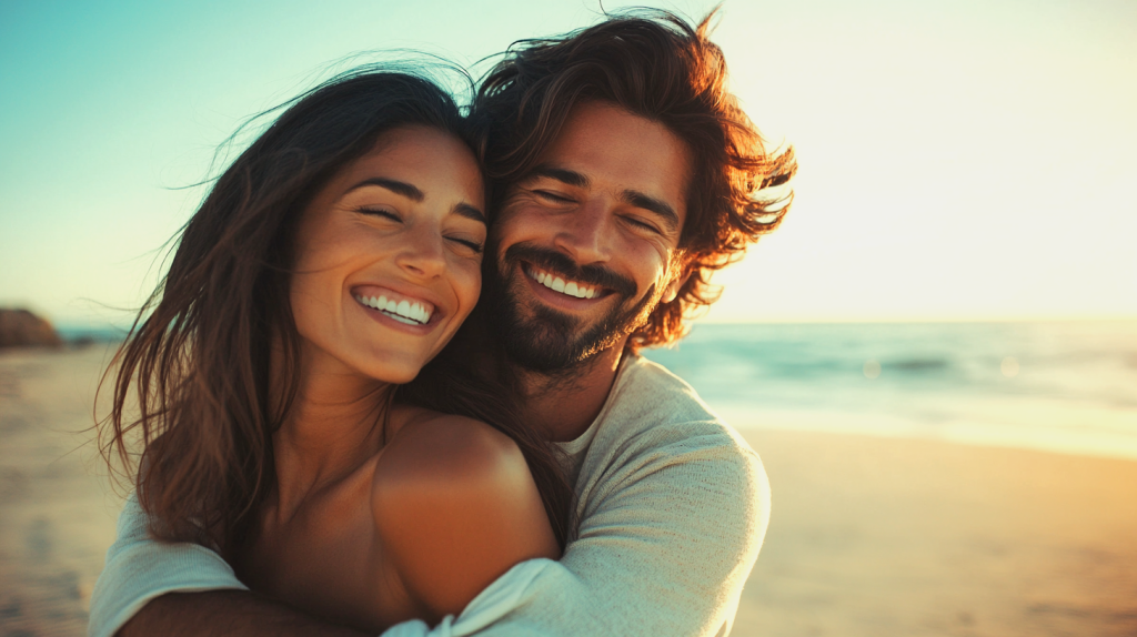 海辺でリラックスする笑顔のカップル フリー素材