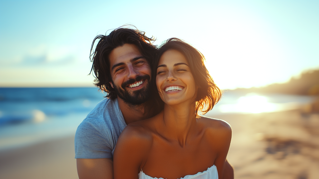 青い海と幸せなカップル フリー素材