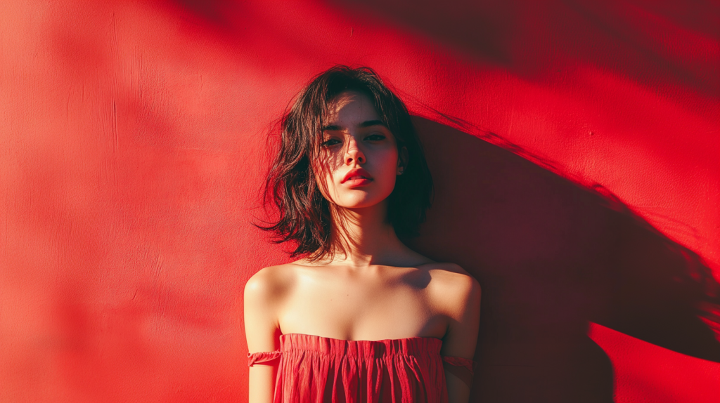 鮮やかな赤背景と雰囲気のある女性 フリー素材