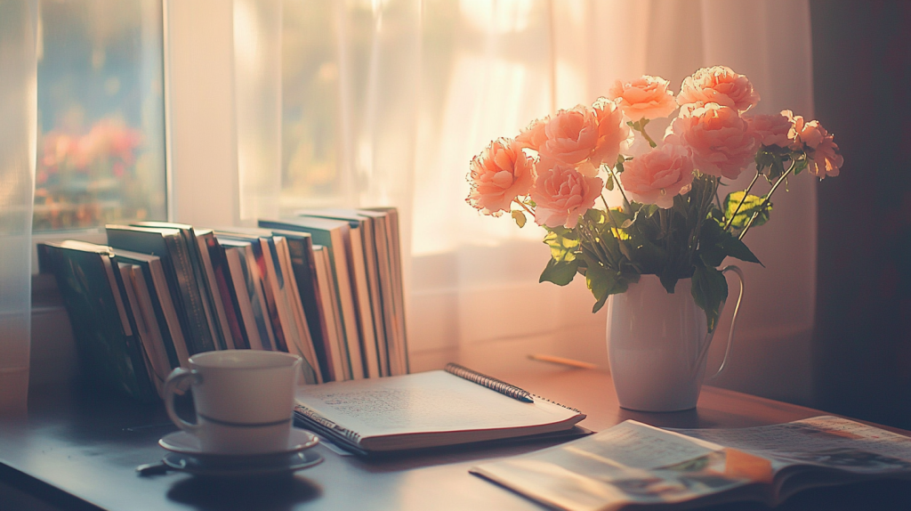 花と本に囲まれたリラックスタイム フリー素材