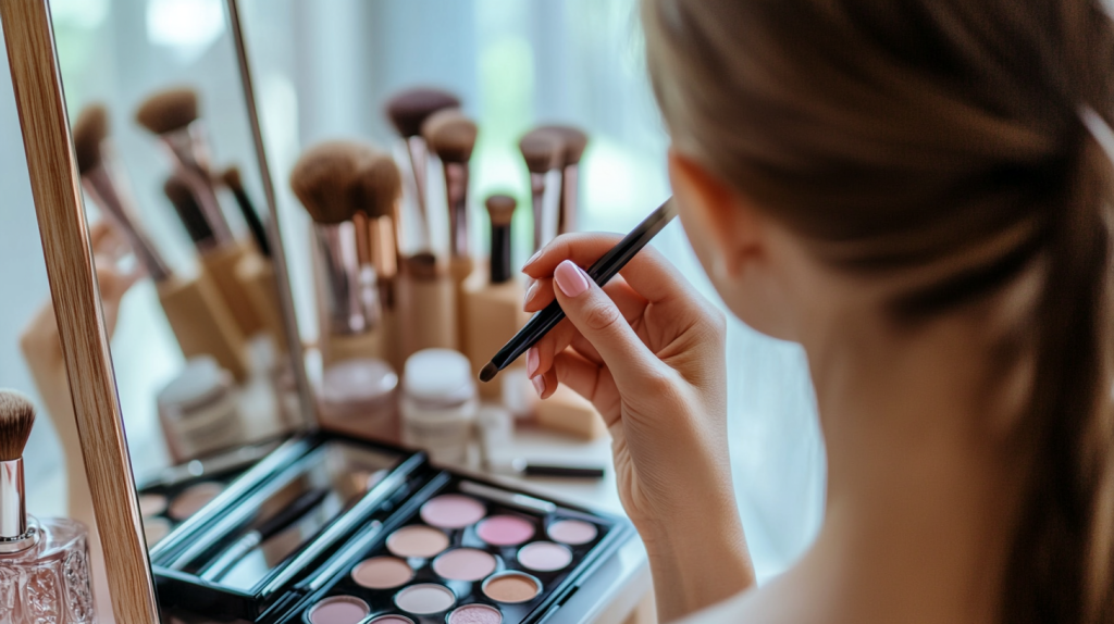 メイクルーティン鏡の前でメイクをする女性 フリー素材