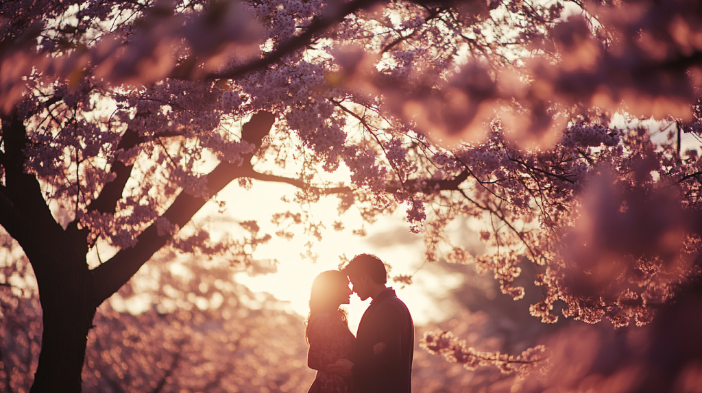 満開の桜とカップルのシルエット 春の訪れ フリー素材